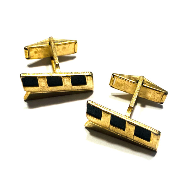 Vintage Atomic Age Cufflinks unique goldtone & textured black geometric FLAW - Picture 1 of 5